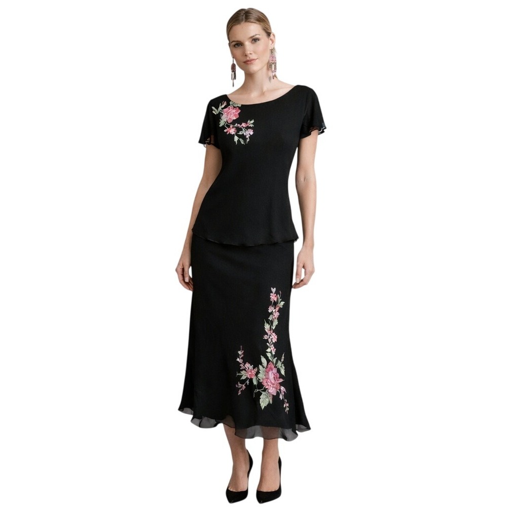 Robbie Bee 90s Black Floral Embroidered 2 Piece Peplum Top and Midi Skirt Set